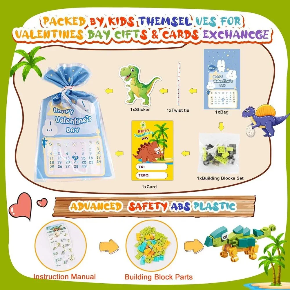 YDP Valentines Day Gifts for Kids - 24Pack Dinosaur Building Blocks with Valenti